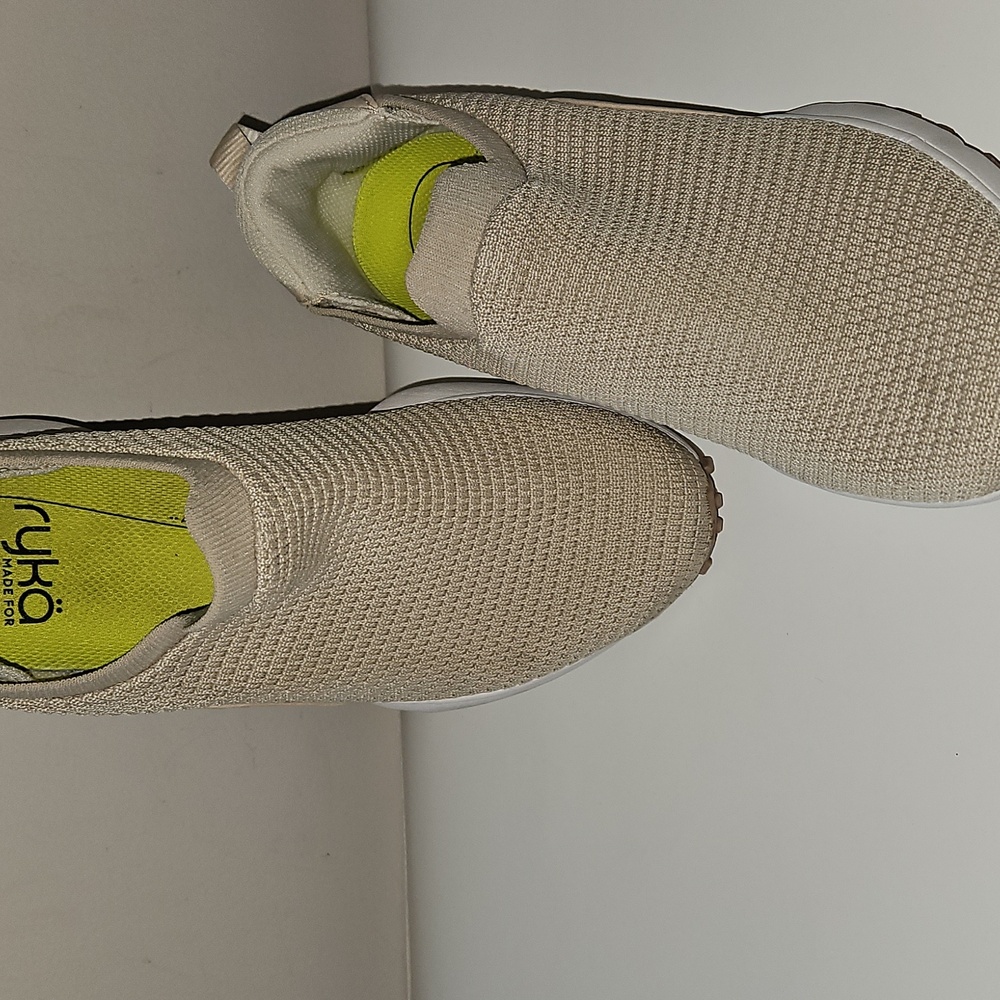 Ryka Women's Slip-On Knit Sneakers in Beige with Lime Insole